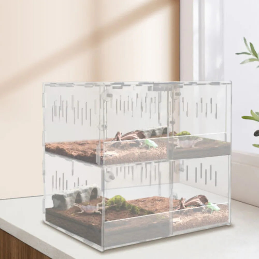 4-grid Clear Acrylic Reptile Terrariums Climbing W/ Thermometer