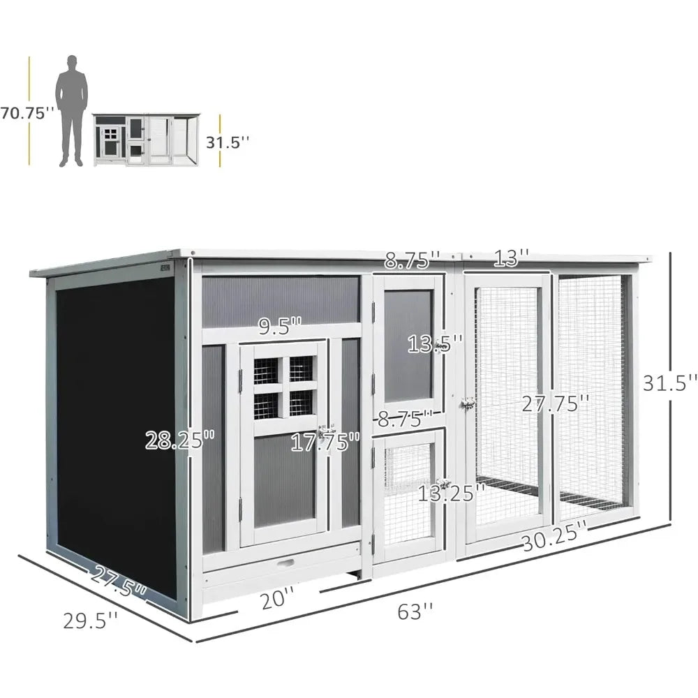 63" Outdoor Chicken Coop Wooden Run Area, Waterproof