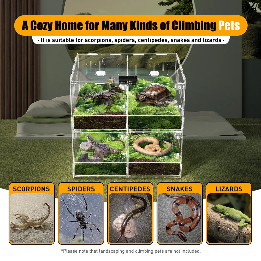 4-grid Clear Acrylic Reptile Terrariums Climbing W/ Thermometer