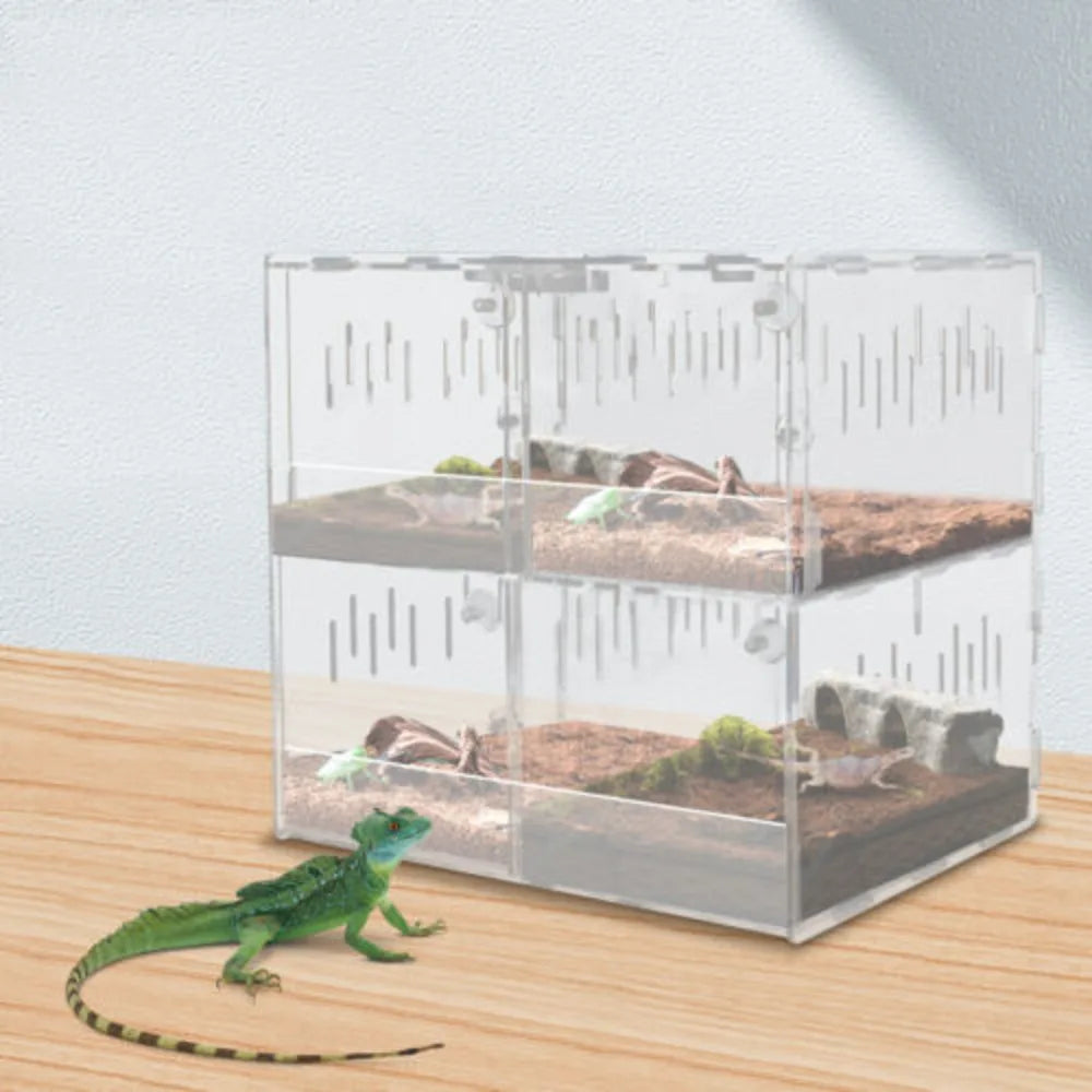 4-grid Clear Acrylic Reptile Terrariums Climbing W/ Thermometer